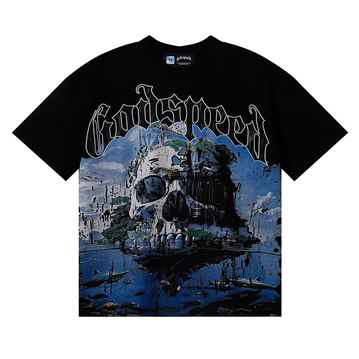 Godspeed T-shirts Skull Landscape Printing Cotton Casual Short Sleeves Men and Women