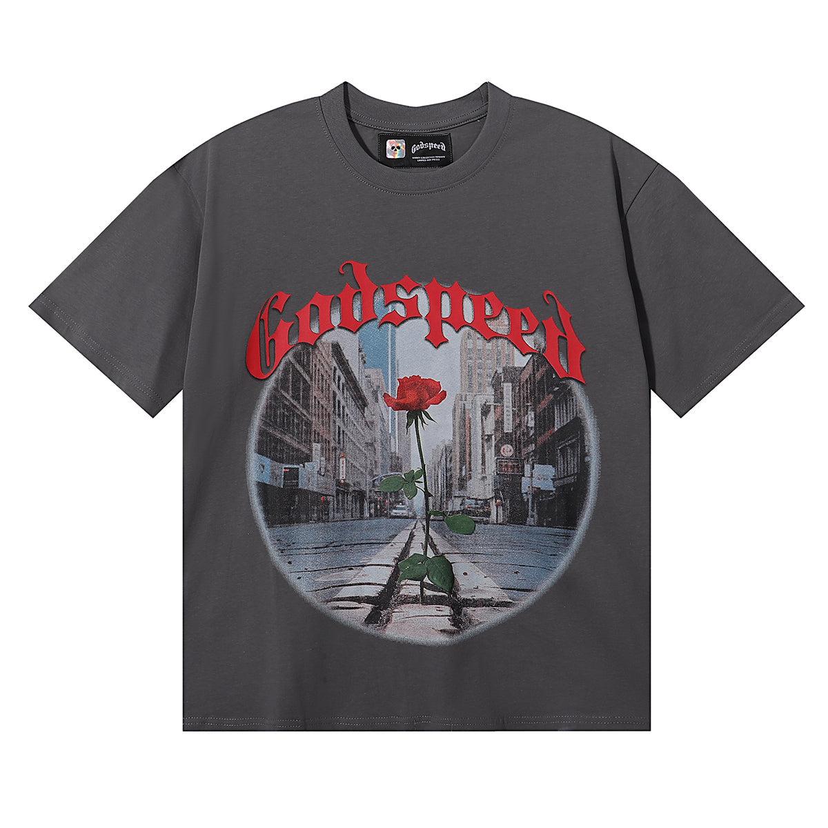Godspeed T-shirts Street View Rose Print Cotton Casual Short Sleeve Men and Women