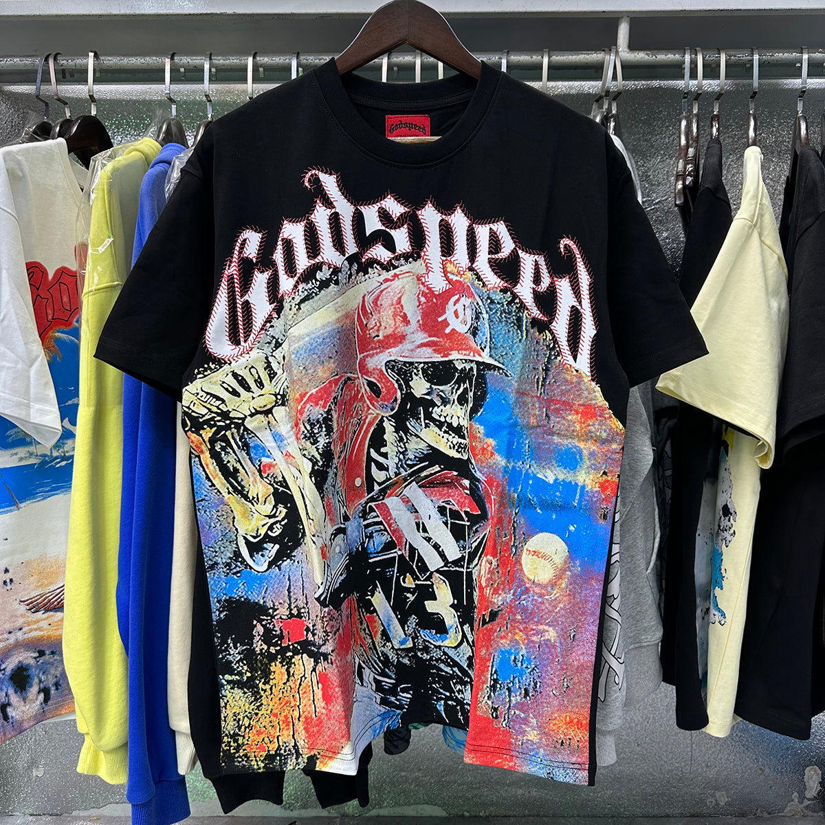 Godspeed T-shirts Skull Baseball Players Printed Cotton Casual Short Sleeves Men and Women