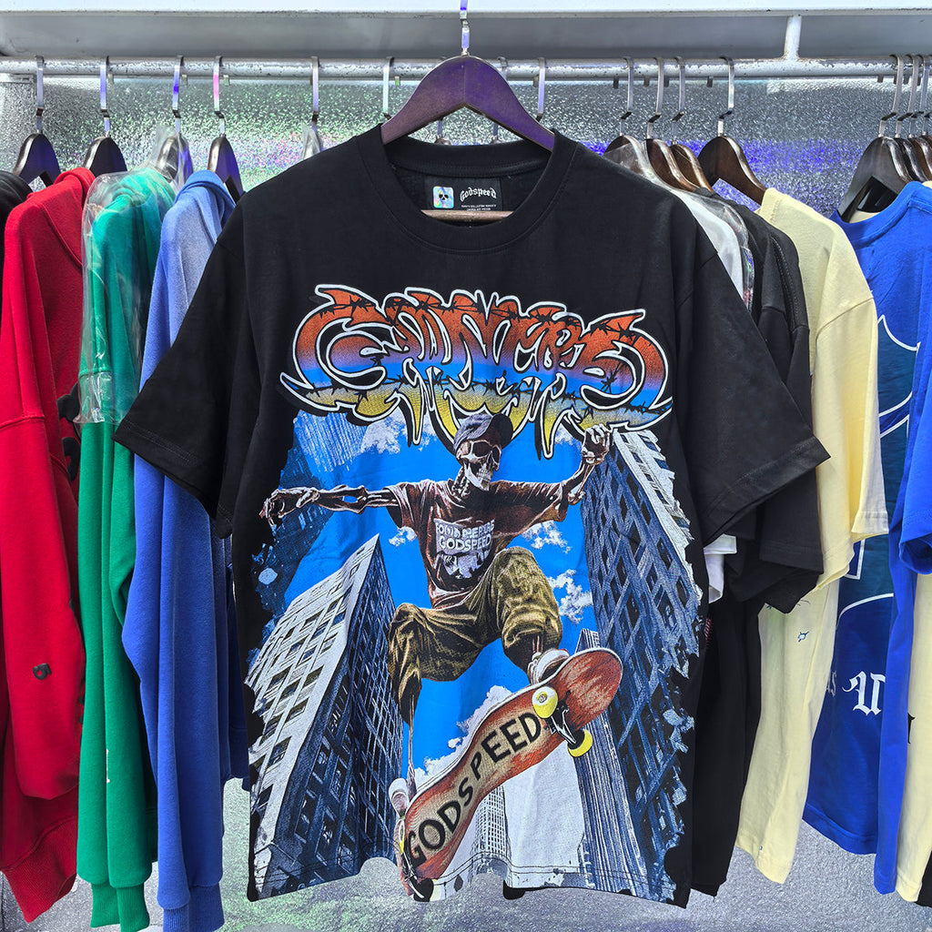 Godspeed T-shirts Urban Skateboard Skull Junior Print Cotton Casual Short Sleeve Men and Women