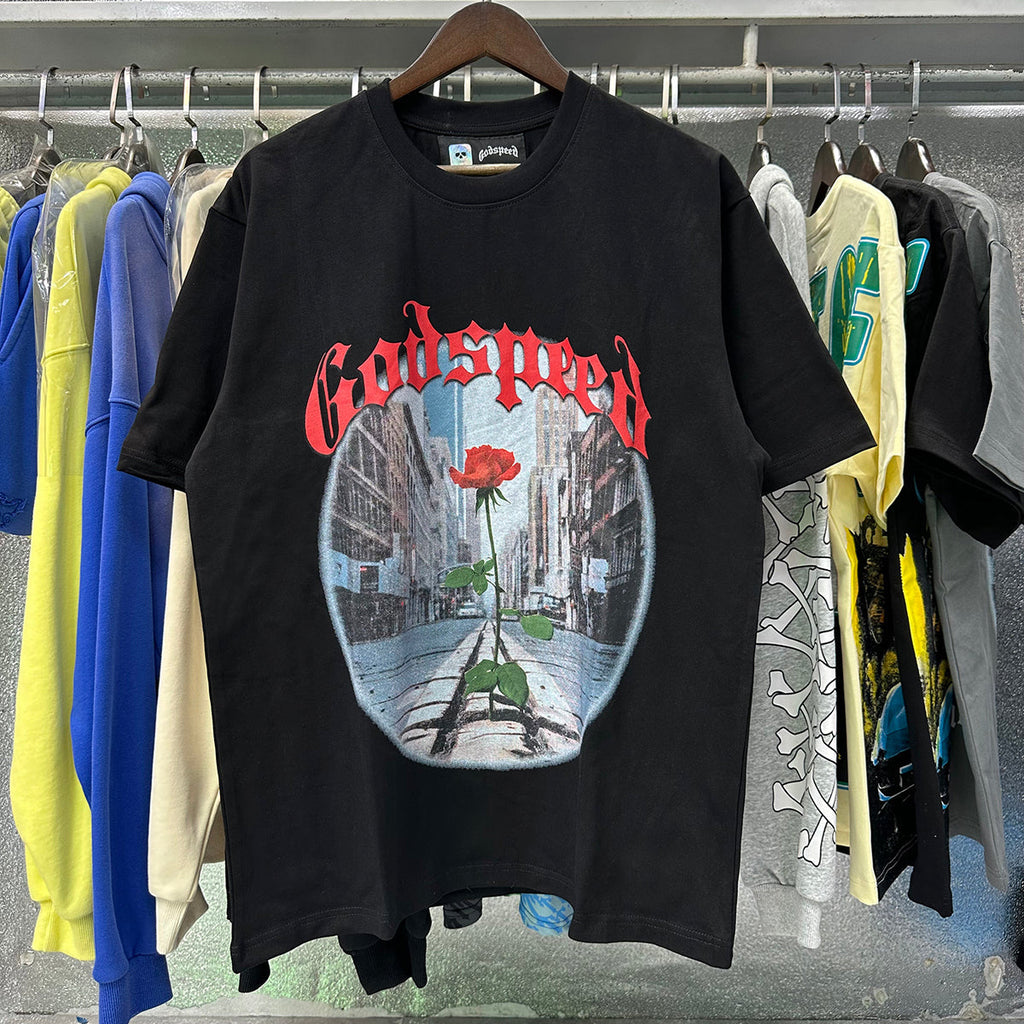 Godspeed T-shirts Street View Rose Print Cotton Casual Short Sleeve Men and Women