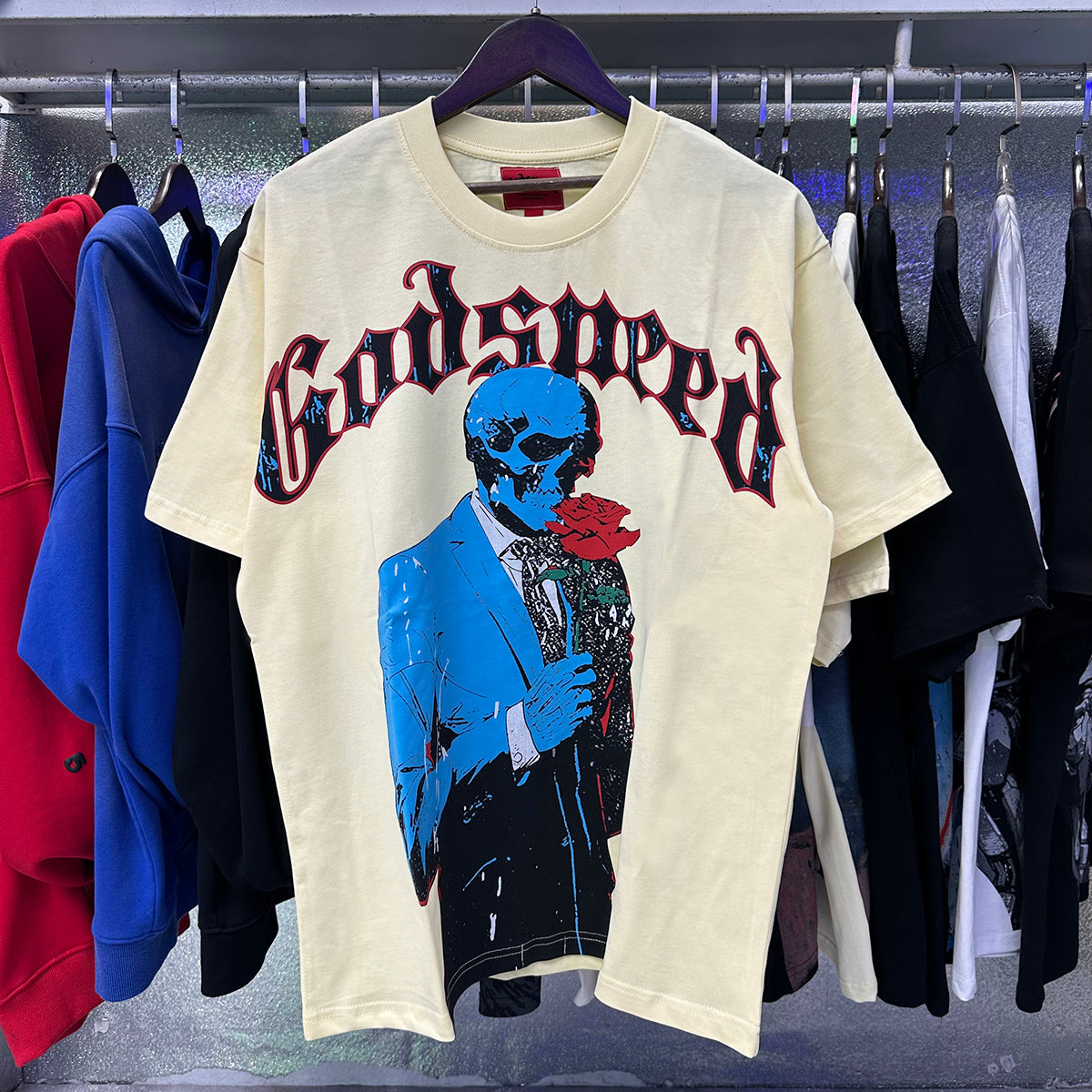 Godspeed T-shirts Skull Gentleman Rose Print Cotton Casual Short Sleeve Men and Women