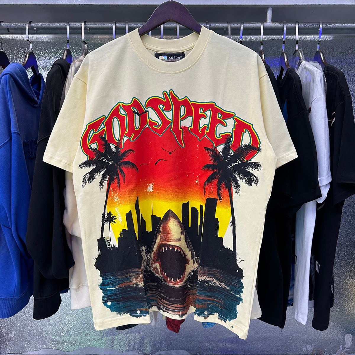 Godspeed T-shirts Urban Coconut Shark Print Cotton Casual Short Sleeve Men and Women